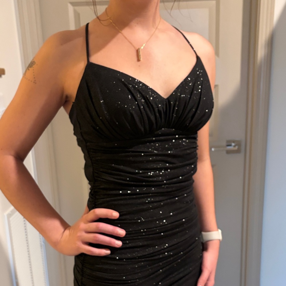 Windsor Black Sparkle Backless Ruched Slip Dress